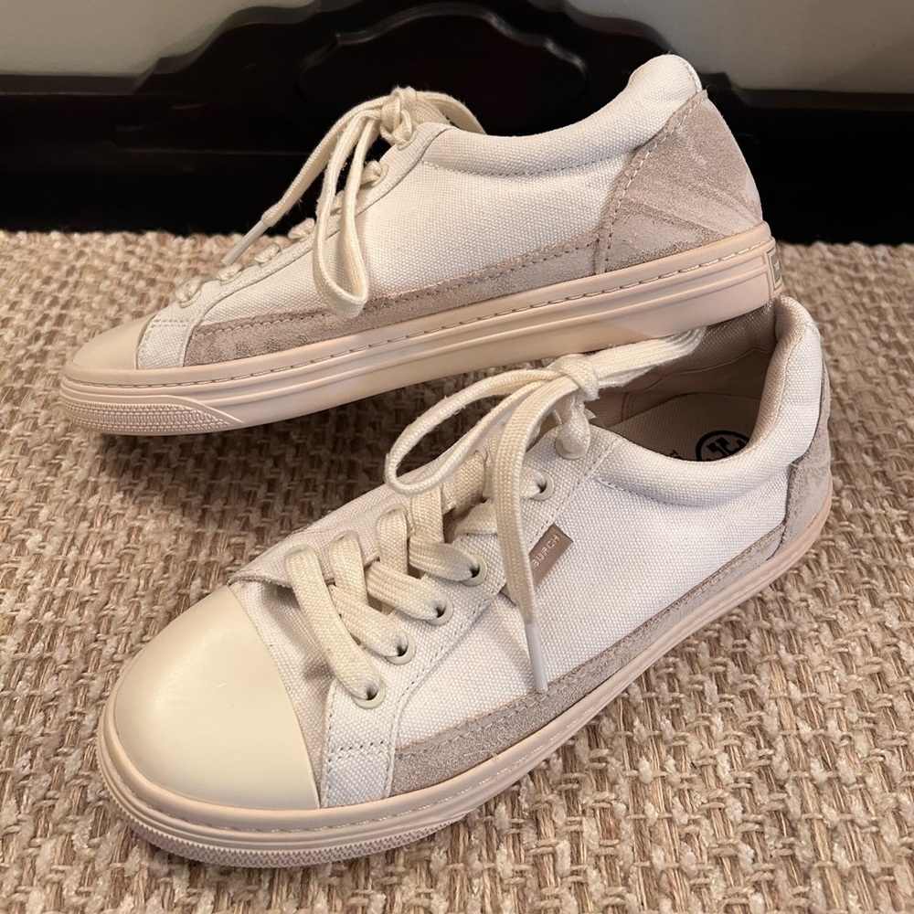 Tory Burch Classic Court Canvas Sneaker Natural Suede Size 7 Quiet Luxury Casual